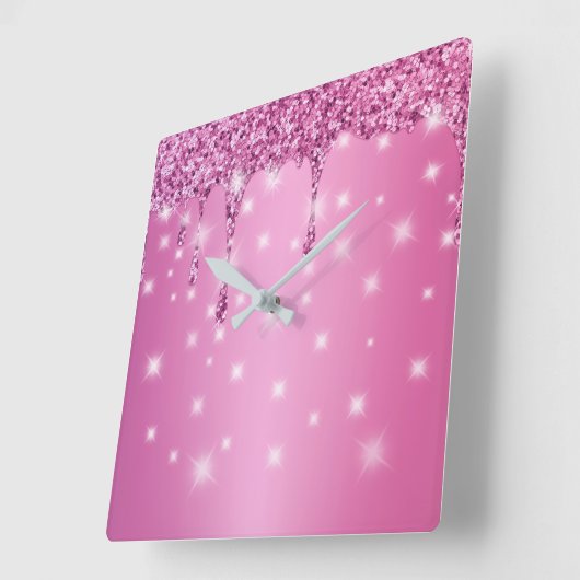 Elegante Hot Pink Glitter Drip Vierkante Klok (Hoek)