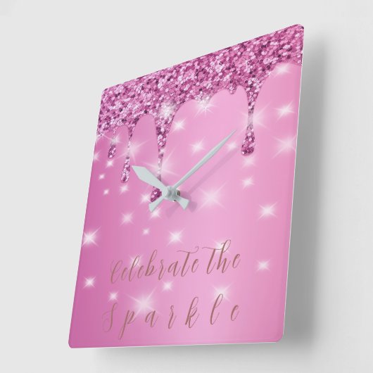 Elegante Hot Pink Glitter Drip Vierkante Klok (Hoek)