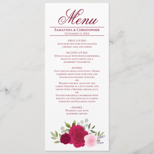 Elegante Hot Pink Magenta & Blush Rozen bruiloft Menu (Voorkant)