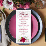 Elegante Hot Pink Magenta & Blush Rozen bruiloft Menu<br><div class="desc">Dit mooie menu zal wat stijl toevoegen aan uw huwelijksreceptie. Het beschikt over een prachtig boho chique bloemontwerp met een cluster van handbeschilderde waterverf rozen in tinten van hot pink, magenta en blush, samen met takjes eucalyptusbladeren en tuingroen. Er is ruimte voor de namen van het paar en de trouwdatum,...</div>
