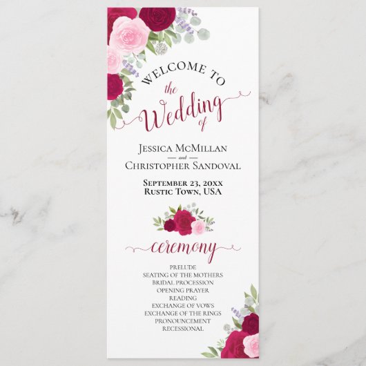 Elegante Hot Pink Rozen Waterverf Bloemen bruiloft Programmakaart (Voorkant)