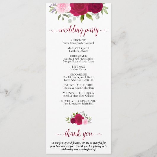 Elegante Hot Pink Rozen Waterverf Bloemen bruiloft Programmakaart (Achterkant)