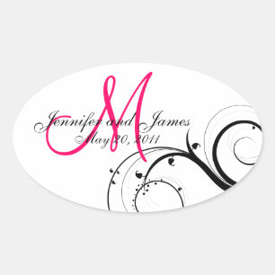 Elegante Hot Roze Swirl Monogram Bruiloft Stickers