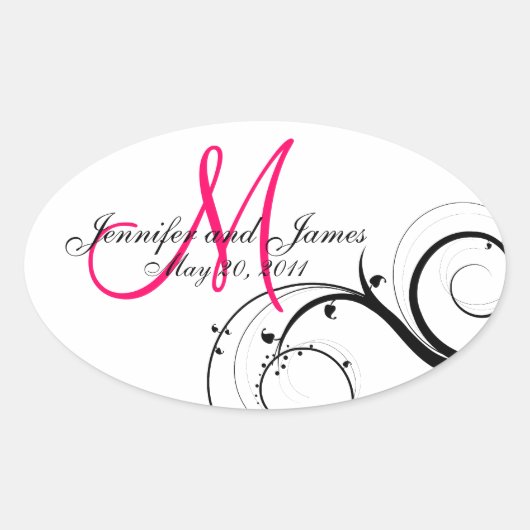 Elegante Hot Roze Swirl Monogram Bruiloft Stickers (Voorkant)