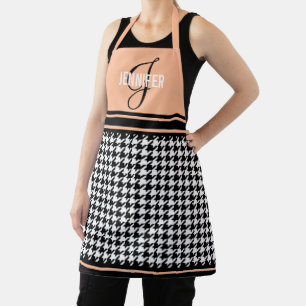 Elegante Houndstooth perzik monogram naam Schort