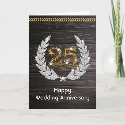 Elegante Houten 25e Huwelijksverjaardag  Kaart (Voorkant)