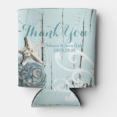 Elegante houten blauwe schelpen strand bruiloft blikjeskoeler (Voorkant)