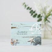 Elegante houten blauwe schelpen strand bruiloft kaart (Staand voorkant)