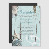 Elegante houten blauwe schelpen strand bruiloft magnetische uitnodiging (Voorkant / Achterkant)