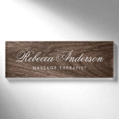 Elegante houtnerf mooie chic script naambadge (Voorkant)