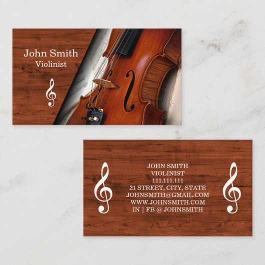Elegante houtnerf viool violist visitekaartje (Voorkant / Achterkant)
