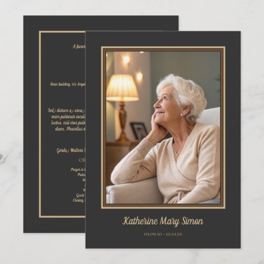 Elegante houtskool beige begrafenismonument kaart (Voorkant / Achterkant)