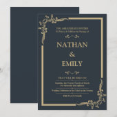 Elegante Houtskool & Goud Huwelijksuitnodiging Kaart (Voorkant / Achterkant)