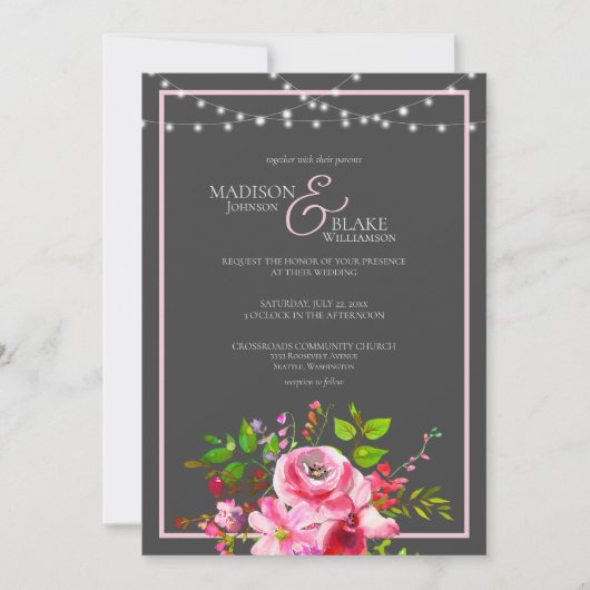 Elegante Houtskool Grijs en Roze bruiloft Kaart (Voorkant)