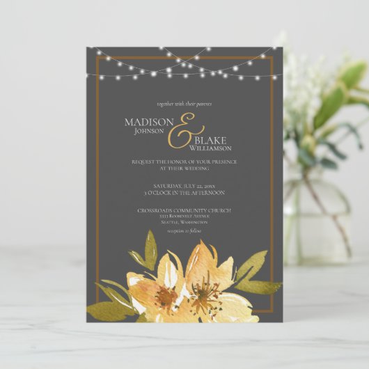 Elegante Houtskool Grijs, Geel en Koperhuwelijk Kaart (Staand voorkant)