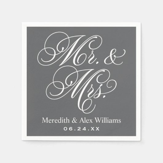 Elegante Houtskool Mr en Mrs Script Trouwkaart Servetten (Voorkant)