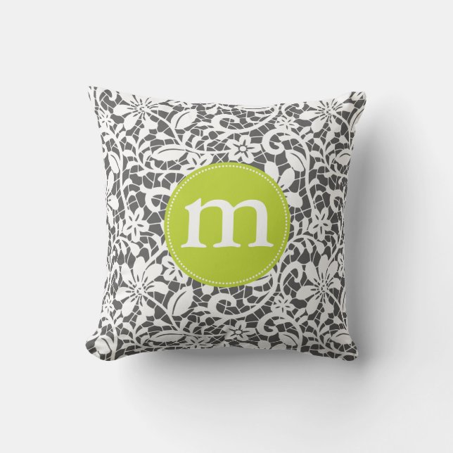 Elegante houtskool retro kant gepersonaliseerde mo kussen (Voorkant)