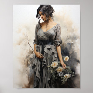 Elegante houtskool tekening van een vrouw die een poster