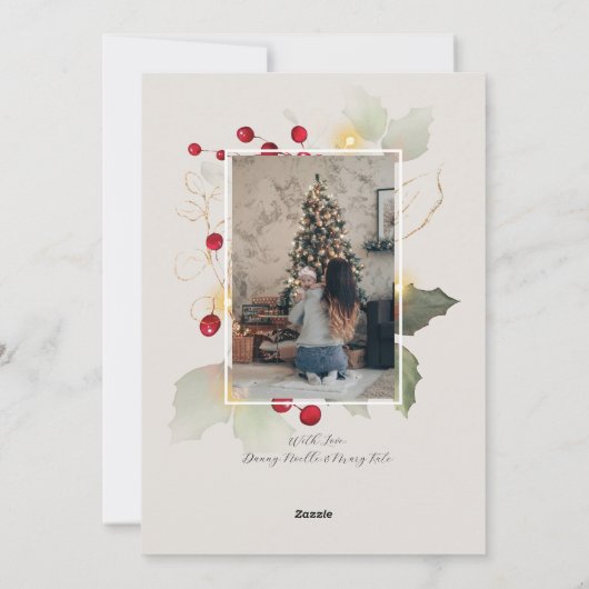 Elegante Hulst en Gouden Kerst Foto Feestdagenkaart (Achterkant)