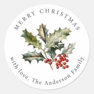 Elegante Hulst Rode Bessen Waterverf Kerstmis Ronde Sticker