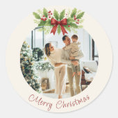 Elegante Hulst & Rode Lint Kerstmis -  Ronde Sticker (Voorkant)