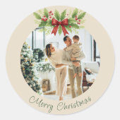 Elegante Hulst & Rode Lint Kerstmis -  Ronde Sticker (Voorkant)