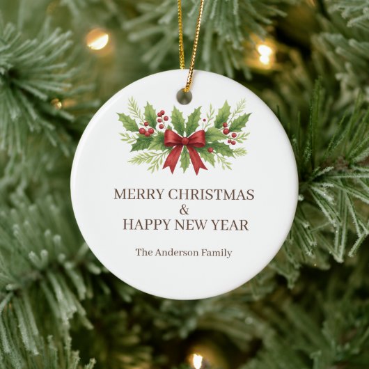 Elegante Hulst & Rode Strik Kerstmis -  Keramisch Ornament (Boom)