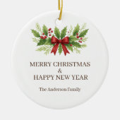 Elegante Hulst & Rode Strik Kerstmis -  Keramisch Ornament (Voorkant)