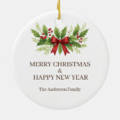 Elegante Hulst & Rode Strik Kerstmis -  Keramisch Ornament (Achterkant)