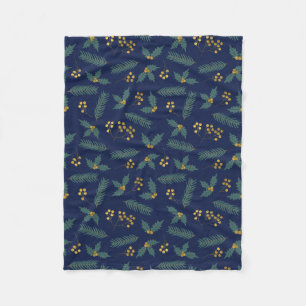 Elegante Hulstbes Kerst Botanisch Blauw Goud Fleece Deken