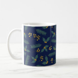 Elegante Hulstbes Kerst Botanisch Blauw Goud Koffiemok
