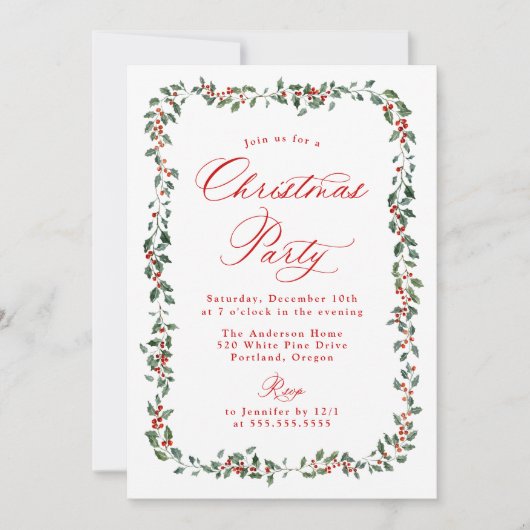 Elegante hulstbessen en groen blad Kerstfeestje Kaart (Voorkant)