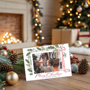 Elegante hulstbessen Familie Foto Kerstmis Feestdagenkaart