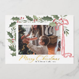 Elegante hulstbessen | Familie Foto Kerstmis Folie Feestdagenkaart