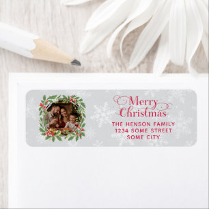 Elegante hulstkrans Prettig Kerstmis Foto Adres Etiket