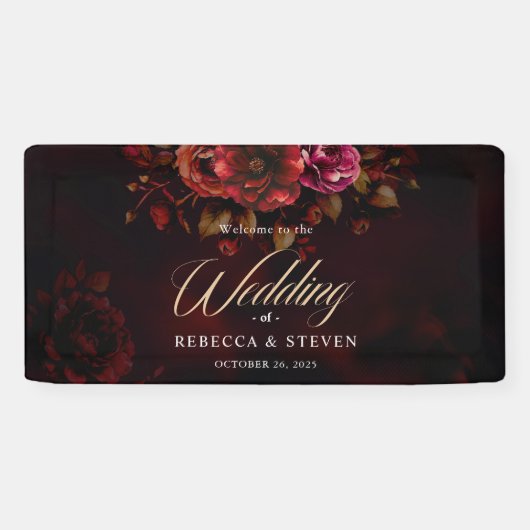 Elegante humeurige romantische zwarte rode bloemen spandoek (Horizontaal)