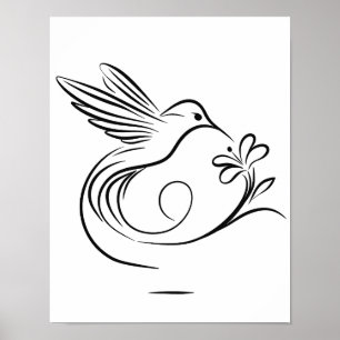 Elegante Hummingbird en Flower Line Art Wall Poster