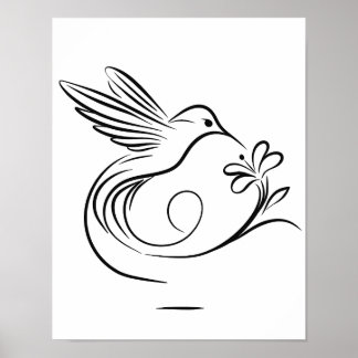 Elegante Hummingbird en Flower Line Art Wall Poster