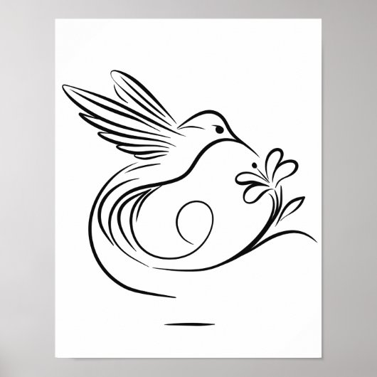 Elegante Hummingbird en Flower Line Art Wall Poster (Voorkant)