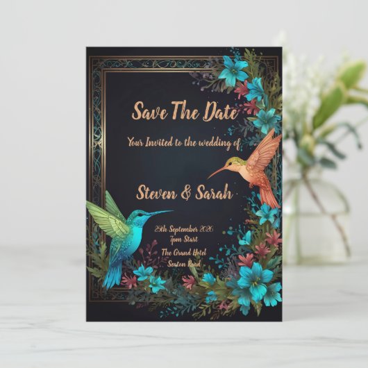 Elegante Hummingbird & Floral bruiloft uitnodiging (Staand voorkant)