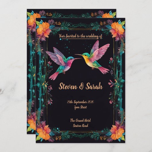 Elegante Hummingbird & Floral bruiloft uitnodiging (Voorkant / Achterkant)