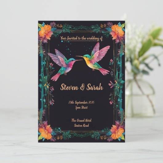 Elegante Hummingbird & Floral bruiloft uitnodiging (Staand voorkant)