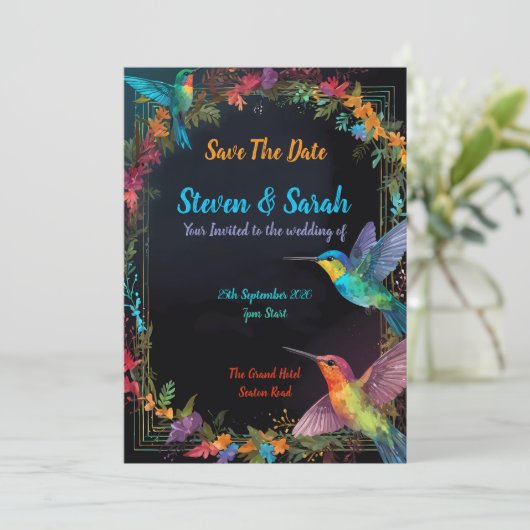 Elegante Hummingbird & Floral bruiloft uitnodiging (Staand voorkant)