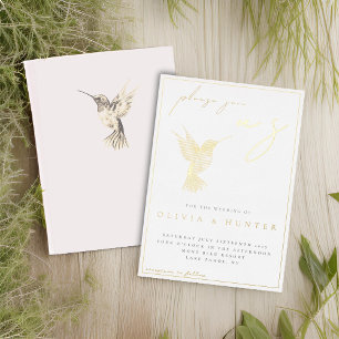 Elegante Hummingbird Watercolor Trouwkaart Goud Folie Uitnodiging