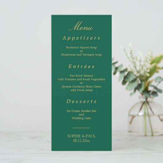 Elegante Hunter Green Golden Beige Wedding Menu (Staand voorkant)