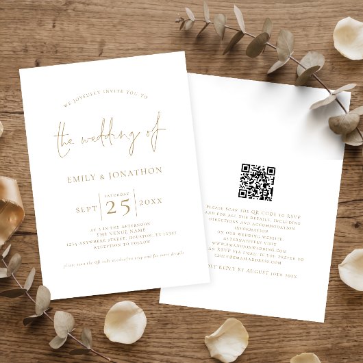 Elegante Huwelijk QR Code Bruiloft in Goud Schrift Kaart