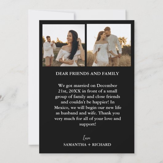 Elegante huwelijksaankondiging met zwarte en witte aankondiging (Achterkant)