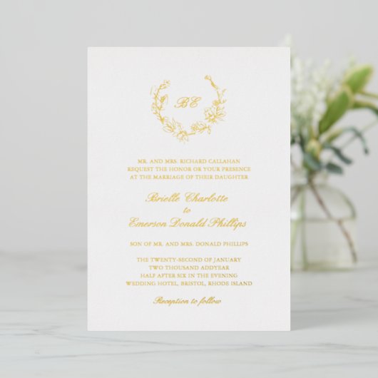 Elegante huwelijksbloemkrans met monogram folie uitnodiging (Staand Voorkant)