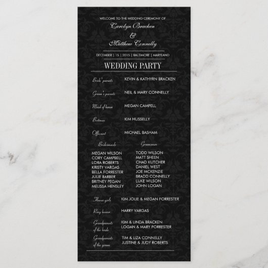 Elegante huwelijksceremonie programma Black Damask Programmakaart (Voorkant)