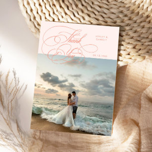 Elegante huwelijksfotografiescript perzik bedankkaart